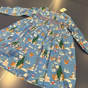 Size 7-8 Mini Boden Smocked Dress in Blue Woodland Christmas. NIB